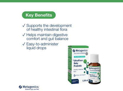 UltraFlora Baby Probiotic bottle displayed beside key product benefits and Metagenics branding