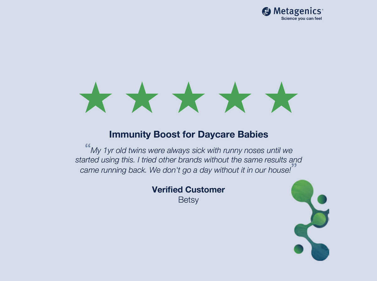 Five-star customer review for UltraFlora Baby Probiotic with testimonial text and Metagenics branding