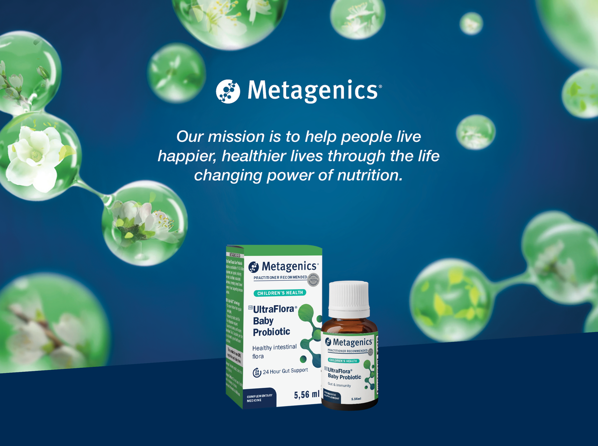 Metagenics UltraFlora Baby Probiotic displayed with the Metagenics mission to help people live happier and healthier lives through the life-changing power of nutrition