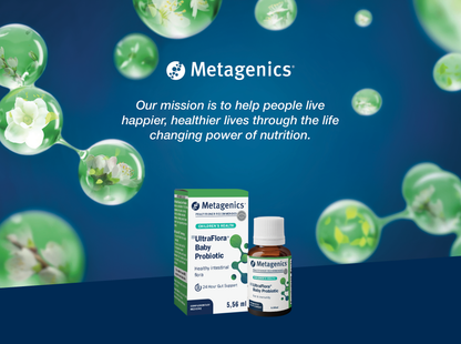 Metagenics UltraFlora Baby Probiotic displayed with the Metagenics mission to help people live happier and healthier lives through the life-changing power of nutrition