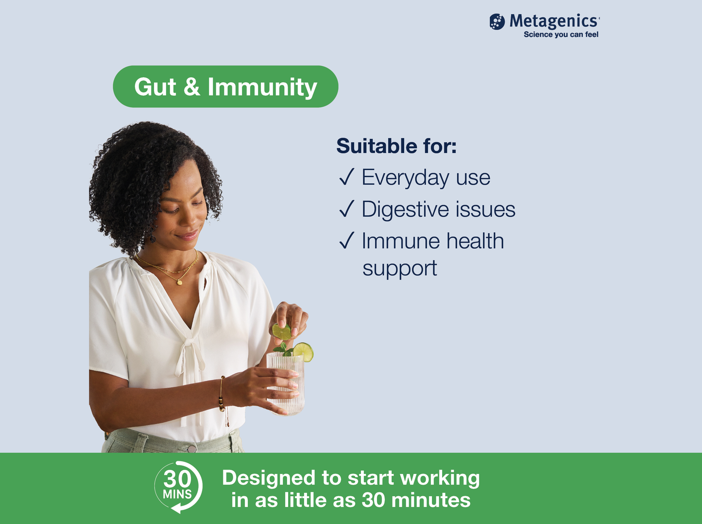 Hand holding a probiotic capsule beside key product benefits and Metagenics branding