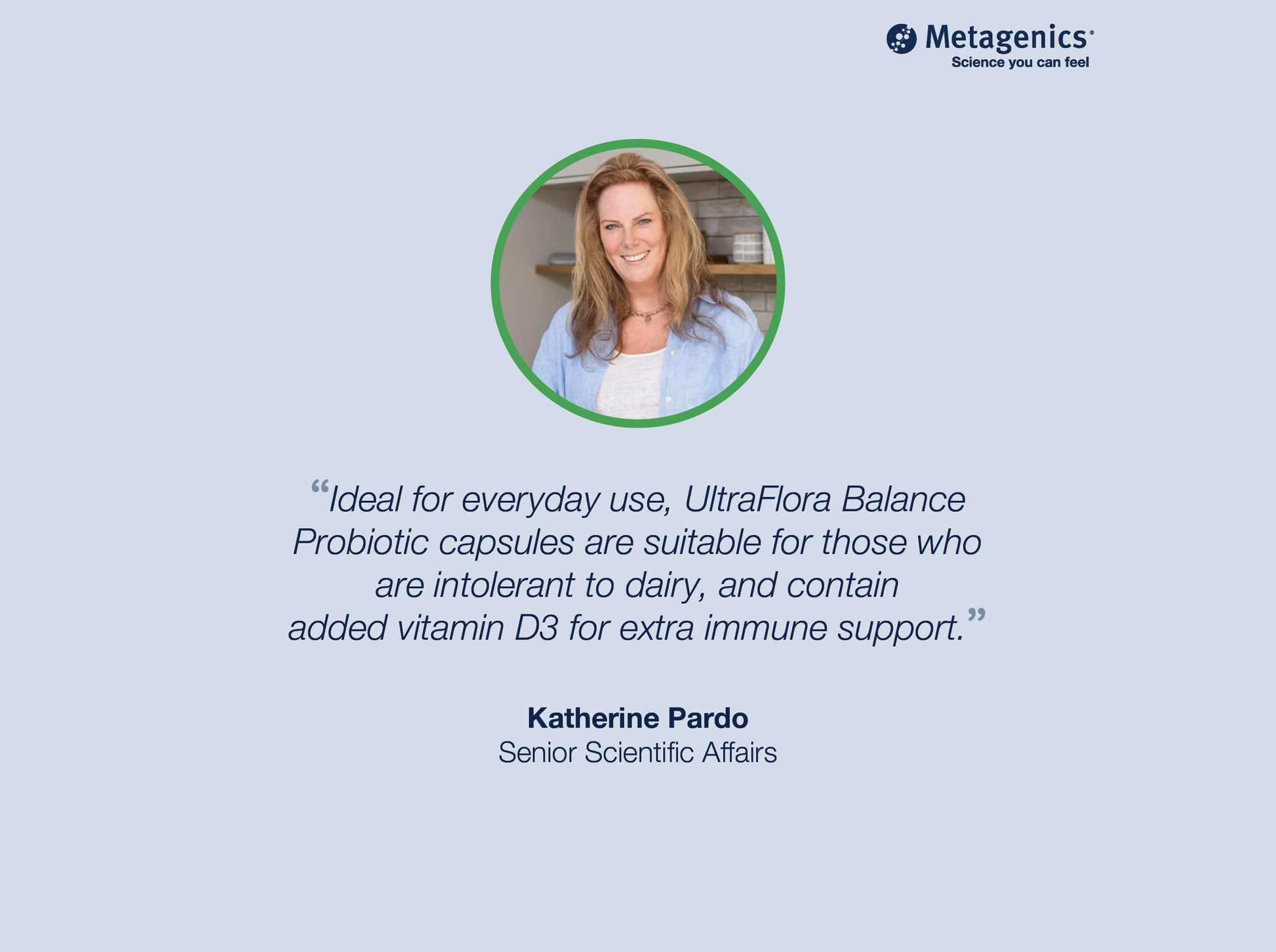 Five-star customer review for UltraFlora Balance Probiotic with testimonial text and Metagenics branding