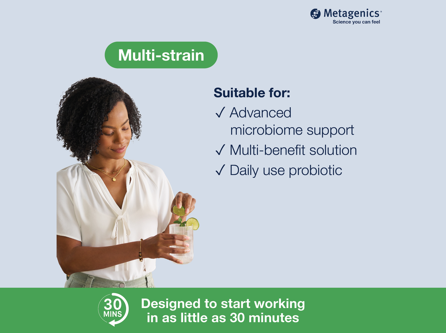 Information about multi-strain probiotic support and digestive health with UltraFlora Complete Probiotic and lifestyle imagery
