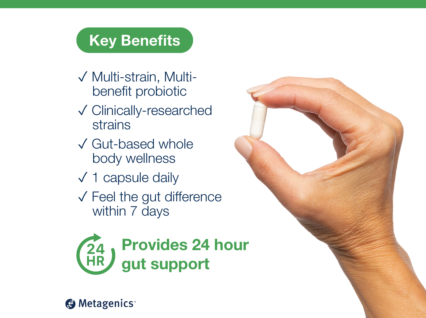 Hand holding a probiotic capsule beside key product benefits and Metagenics branding