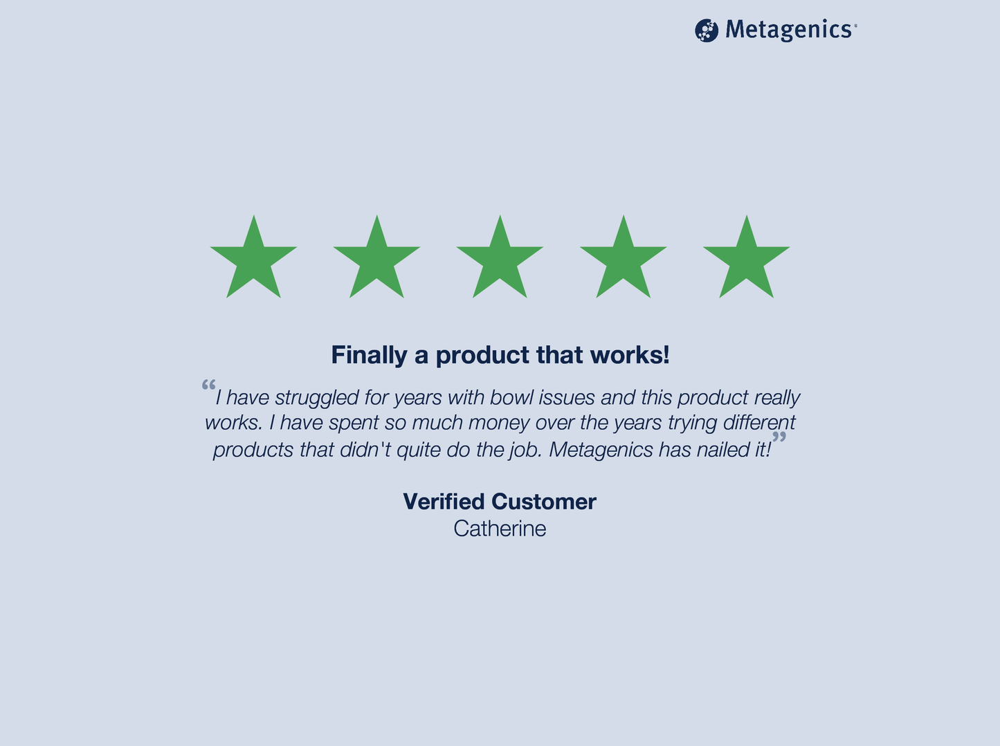 Five-star customer review for UltraFlora Complete Probiotic with testimonial text and Metagenics branding