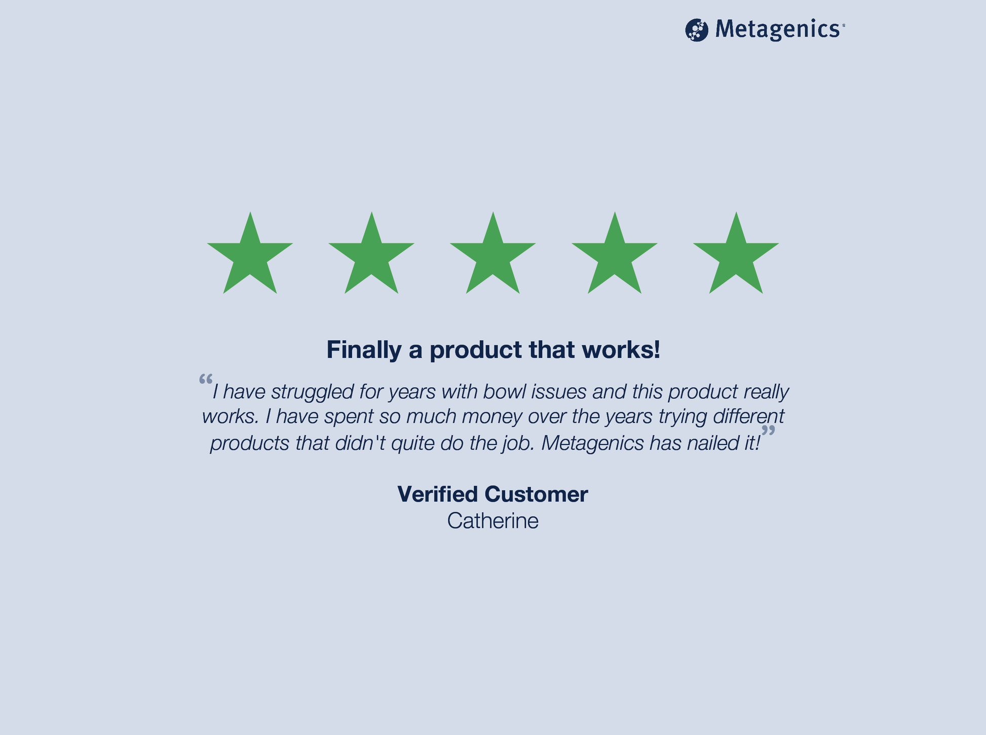 Five-star customer review for UltraFlora Complete Probiotic with testimonial text and Metagenics branding