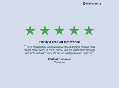 Five-star customer review for UltraFlora Complete Probiotic with testimonial text and Metagenics branding