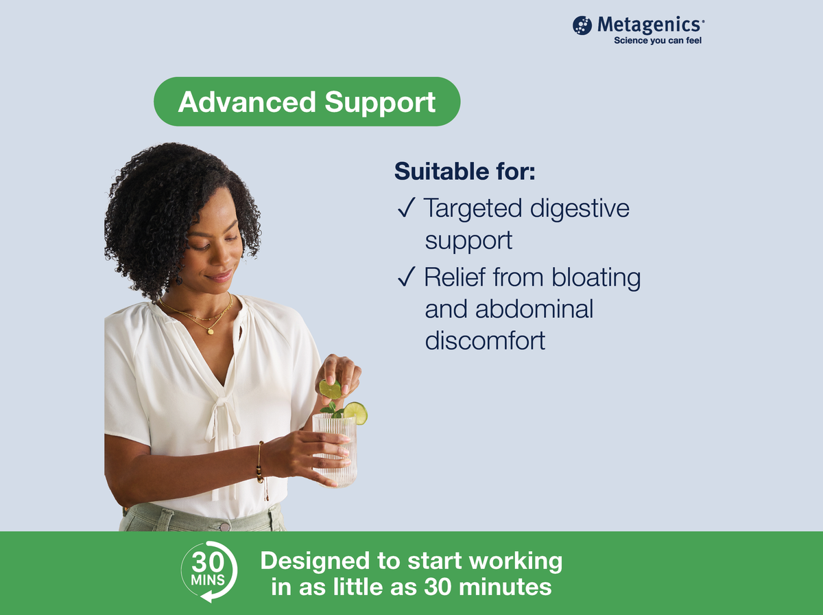 Information about advanced digestive support and intestinal comfort with UltraFlora IB Probiotic and lifestyle imagery