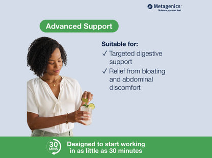 Information about advanced digestive support and intestinal comfort with UltraFlora IB Probiotic and lifestyle imagery