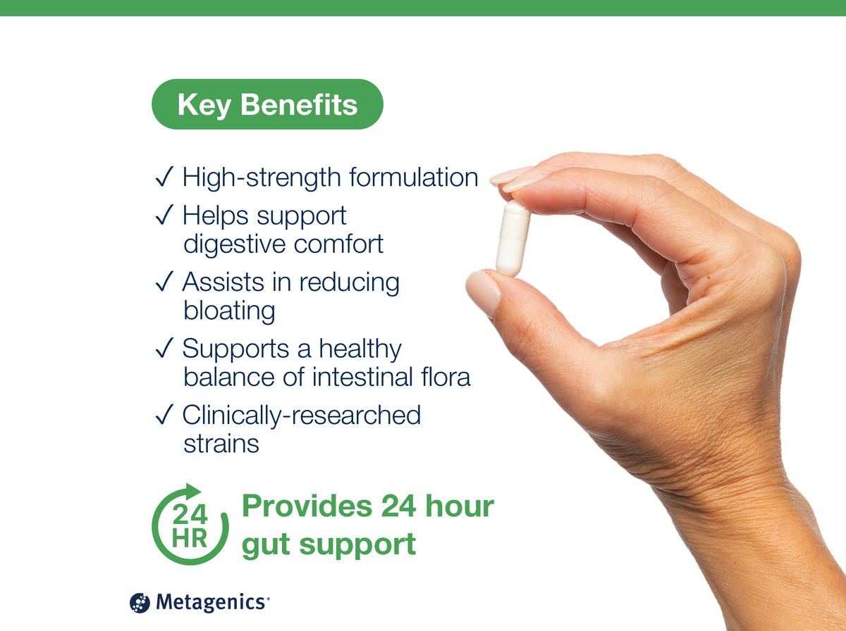 Hand holding a probiotic capsule beside key product benefits and Metagenics branding