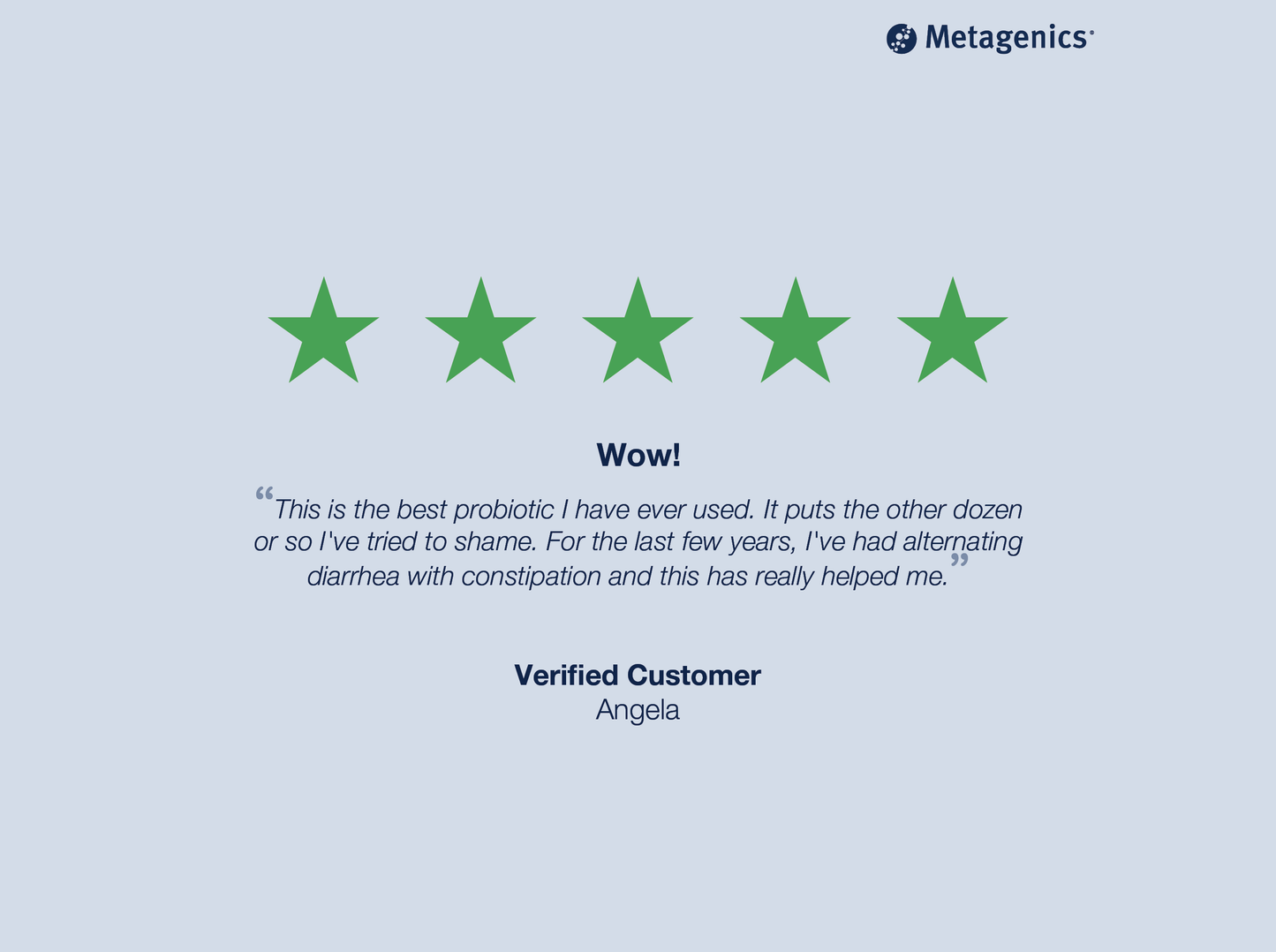 Five-star customer review for UltraFlora IB Probiotic with testimonial text and Metagenics branding