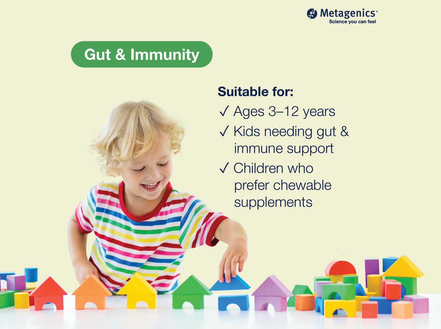 Information about gut and immunity support for children with UltraFlora Kid's Probiotic and child-friendly lifestyle imagery
