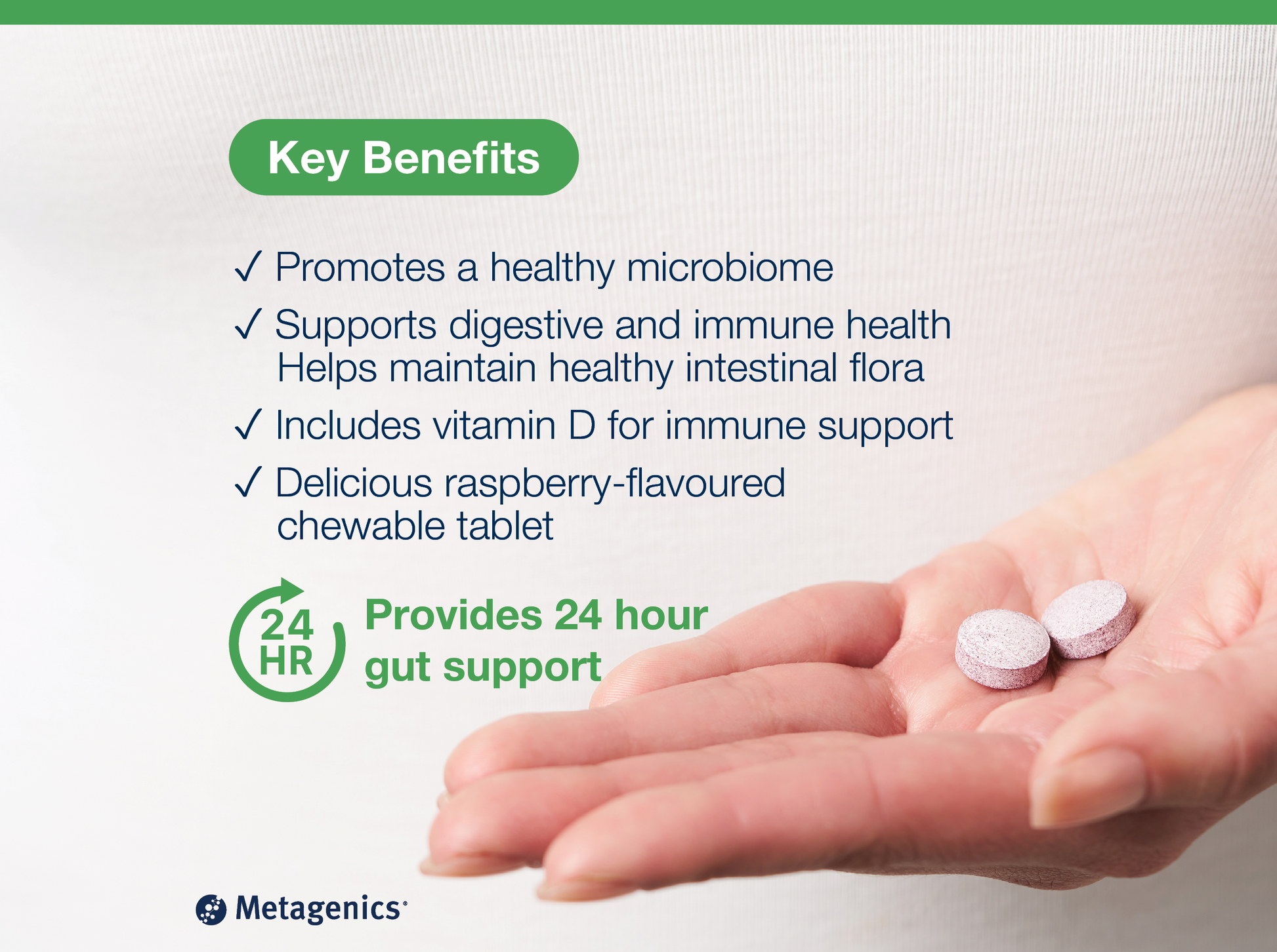 Hand holding a chewable probiotic tablet beside key product benefits and Metagenics branding