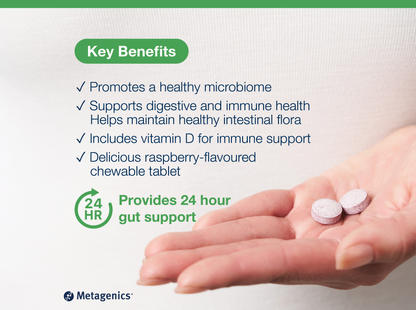 Hand holding a chewable probiotic tablet beside key product benefits and Metagenics branding