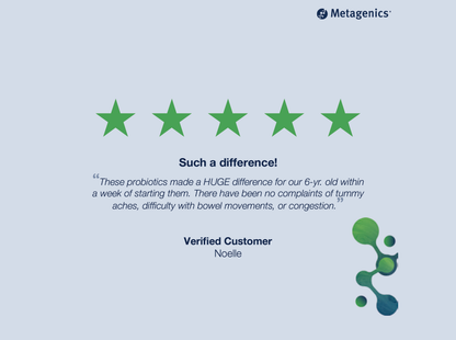 Five-star customer review for UltraFlora Kid's Probiotic with testimonial text and Metagenics branding