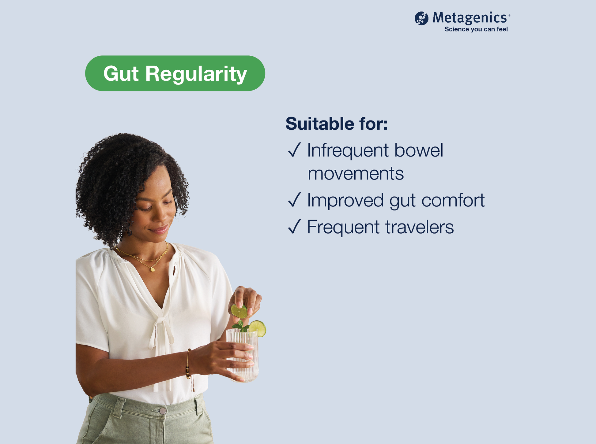 Information about bowel regularity support with UltraFlora Regular Probiotic and lifestyle imagery