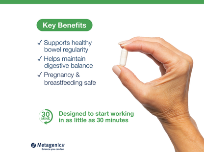 Hand holding a probiotic capsule beside key product benefits and Metagenics branding