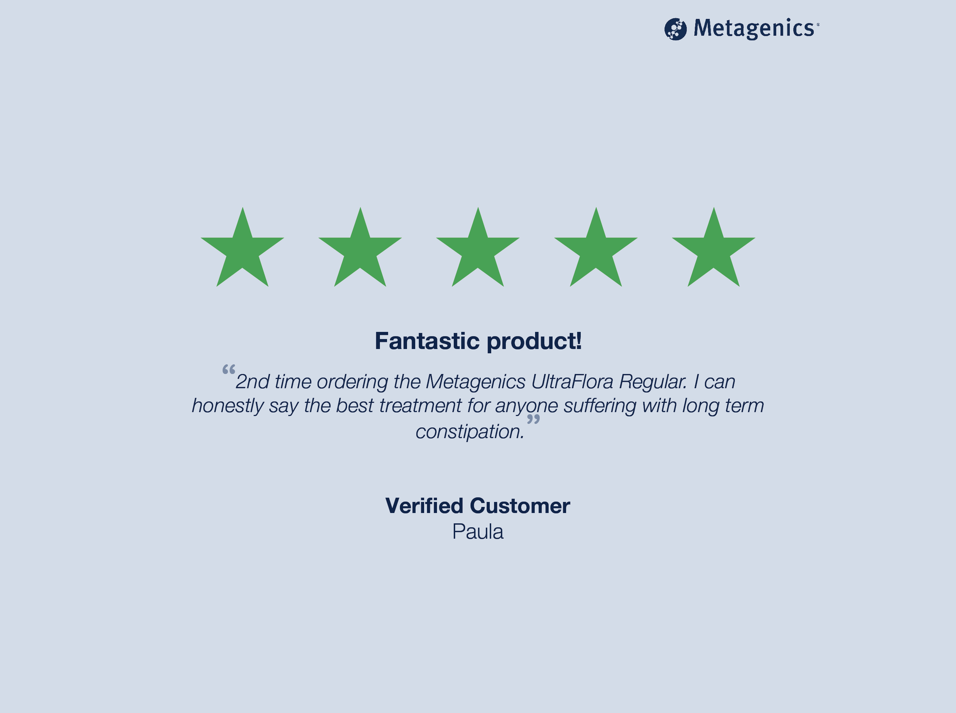Five-star customer review for UltraFlora Regular Probiotic with testimonial text and Metagenics branding