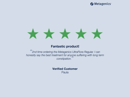 Five-star customer review for UltraFlora Regular Probiotic with testimonial text and Metagenics branding
