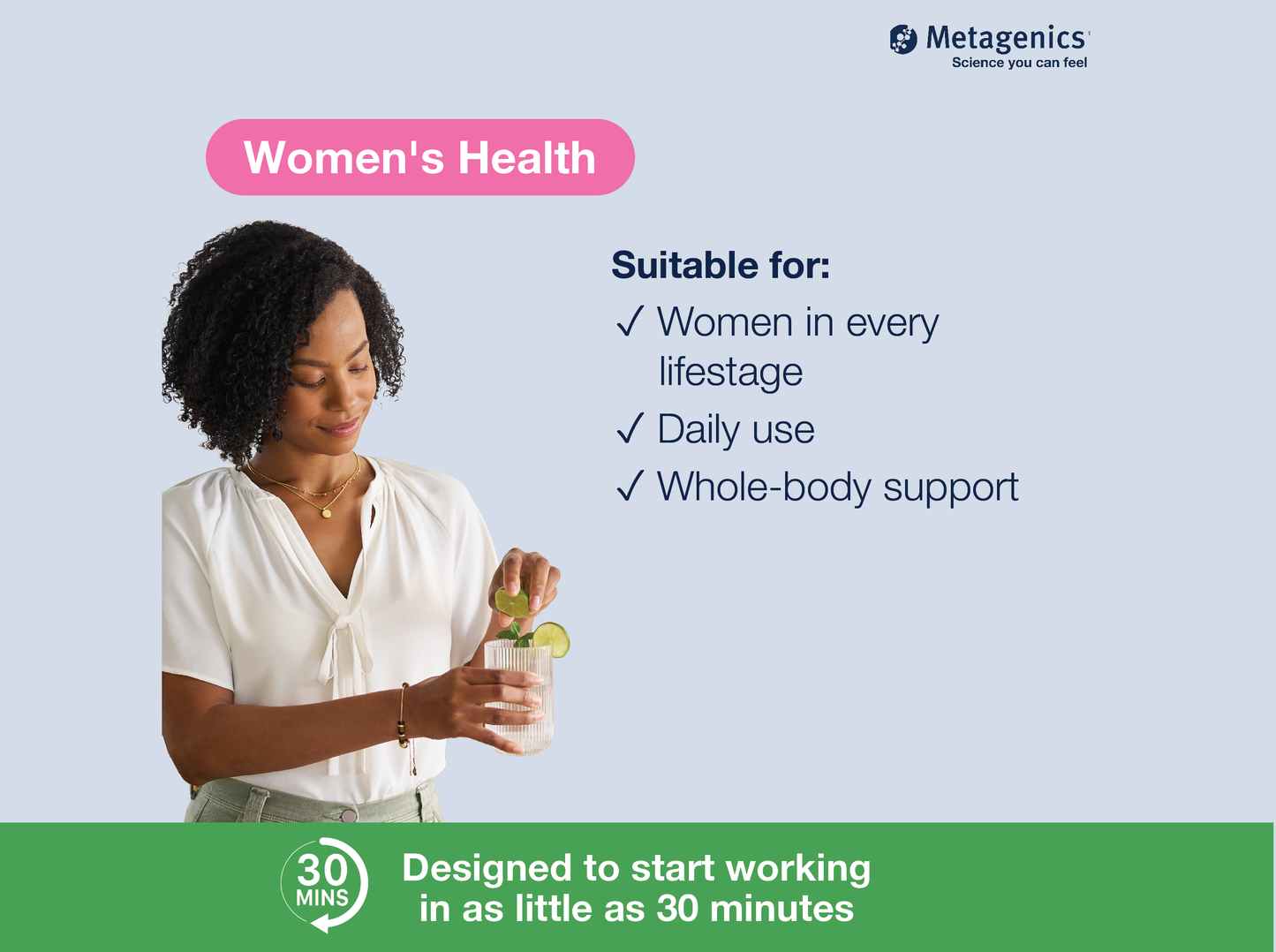 Information about women's health support with UltraFlora Women's Probiotic and lifestyle imagery