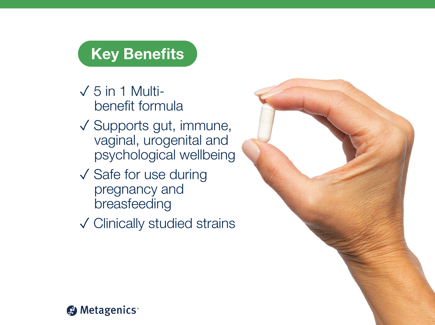 Hand holding a probiotic capsule beside key product benefits and Metagenics branding