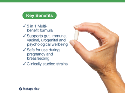 Hand holding a probiotic capsule beside key product benefits and Metagenics branding