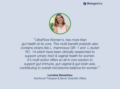 Customer review for UltraFlora Women's Probiotic with testimonial text and Metagenics branding