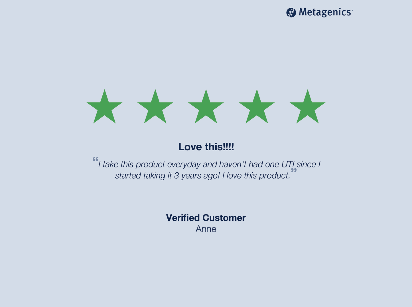 Five-star customer review for UltraFlora Women's Probiotic with testimonial text and Metagenics branding