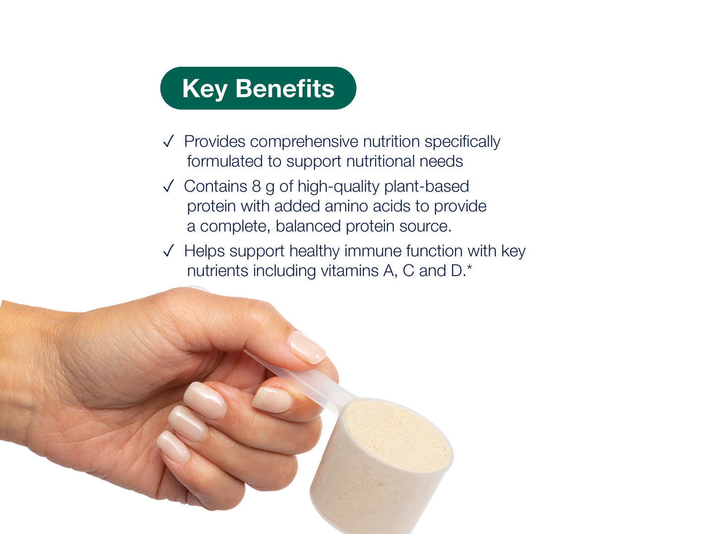 Hand holding a scoop of UltraCare powder beside key product benefits and Metagenics branding