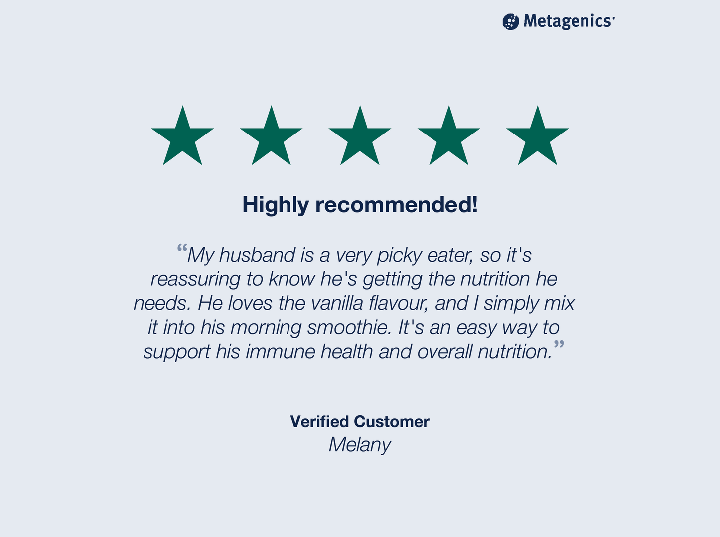Five-star customer review for UltraCare with testimonial text and Metagenics branding