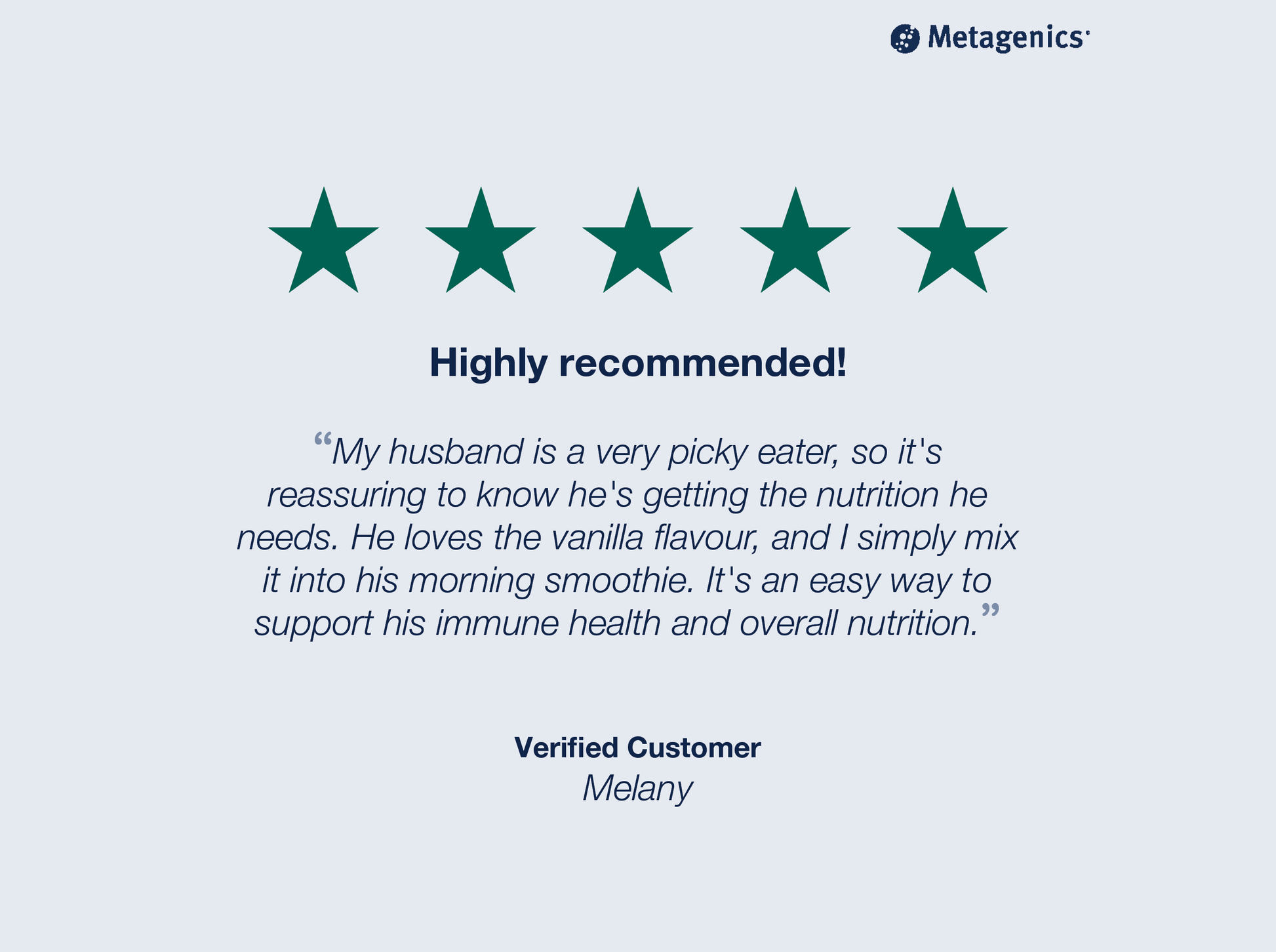 Five-star customer review for UltraCare with testimonial text and Metagenics branding
