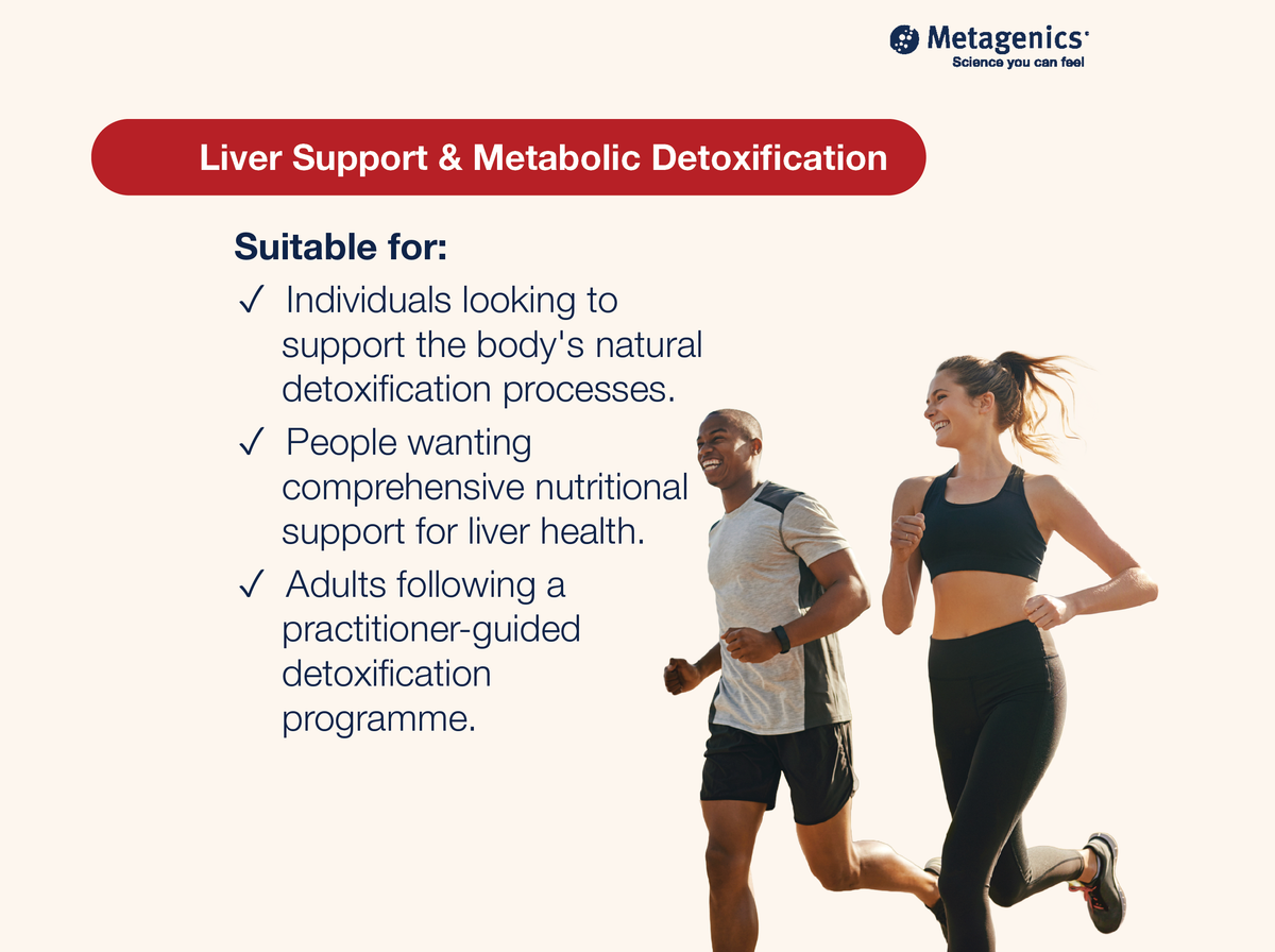 Information about liver support and balanced metabolic detoxification with UltraClear Plus Detox Powder and active lifestyle imagery