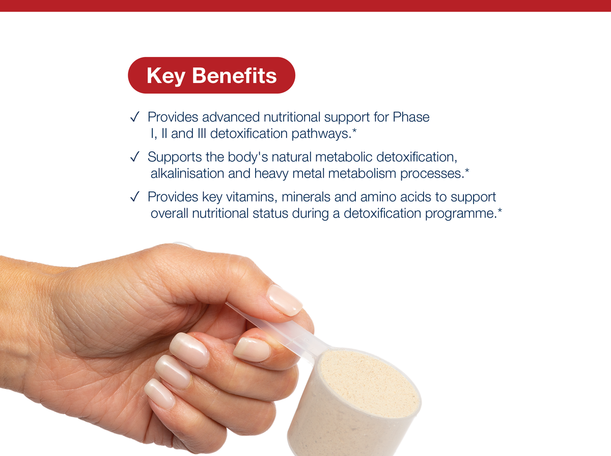 Hand holding a scoop of UltraClear Plus Detox Powder beside key product benefits and Metagenics branding