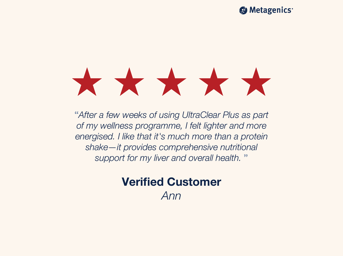 Five-star customer review for UltraClear Plus Detox Powder with testimonial text and Metagenics branding