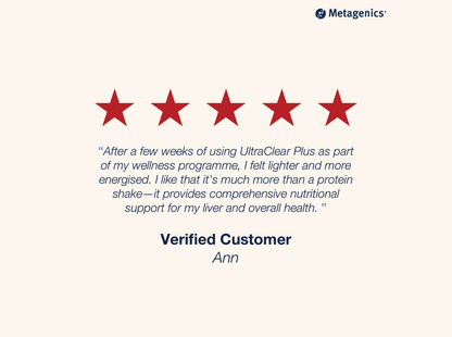 Five-star customer review for UltraClear Plus Detox Powder with testimonial text and Metagenics branding