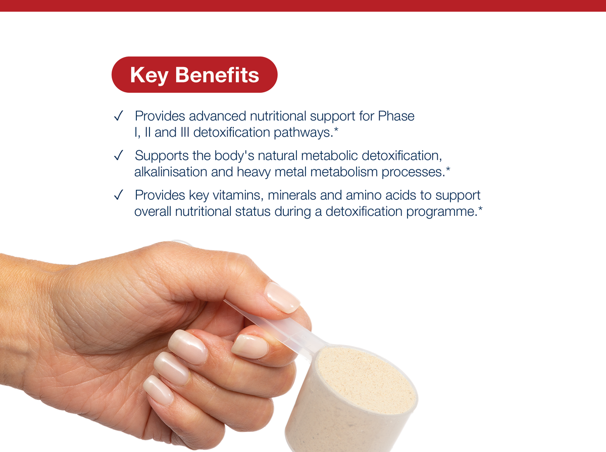 Hand holding a scoop of UltraClear RENEW Detox Powder beside key product benefits and Metagenics branding