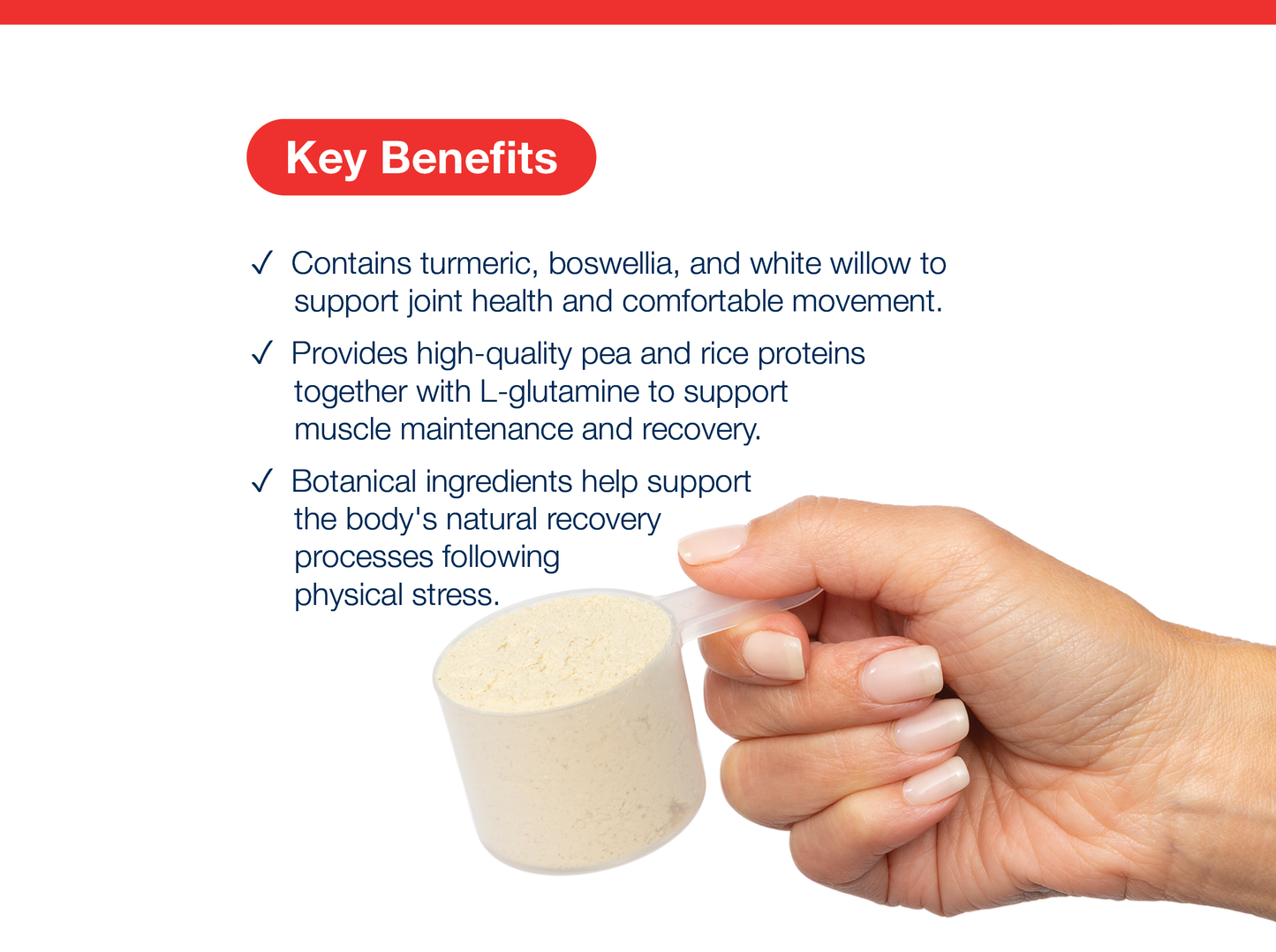 Hand holding a scoop of UltraInflamX powder beside key product benefits and Metagenics branding