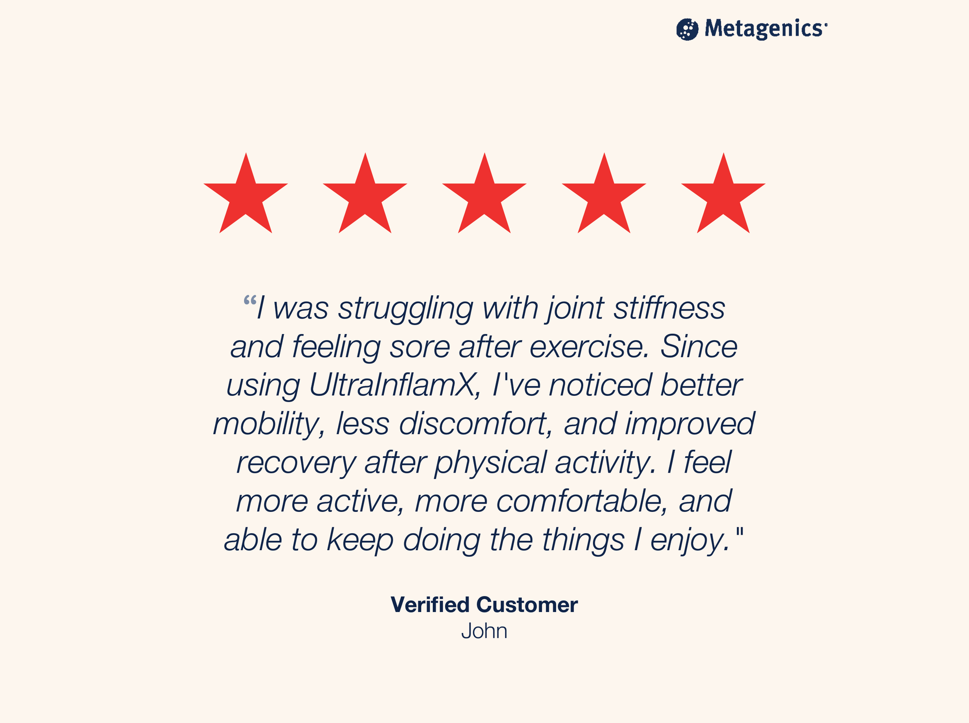 Five-star customer review for UltraInflamX with testimonial text and Metagenics branding