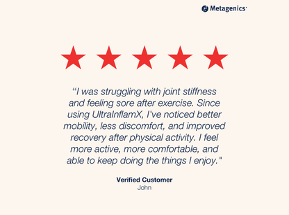 Five-star customer review for UltraInflamX with testimonial text and Metagenics branding