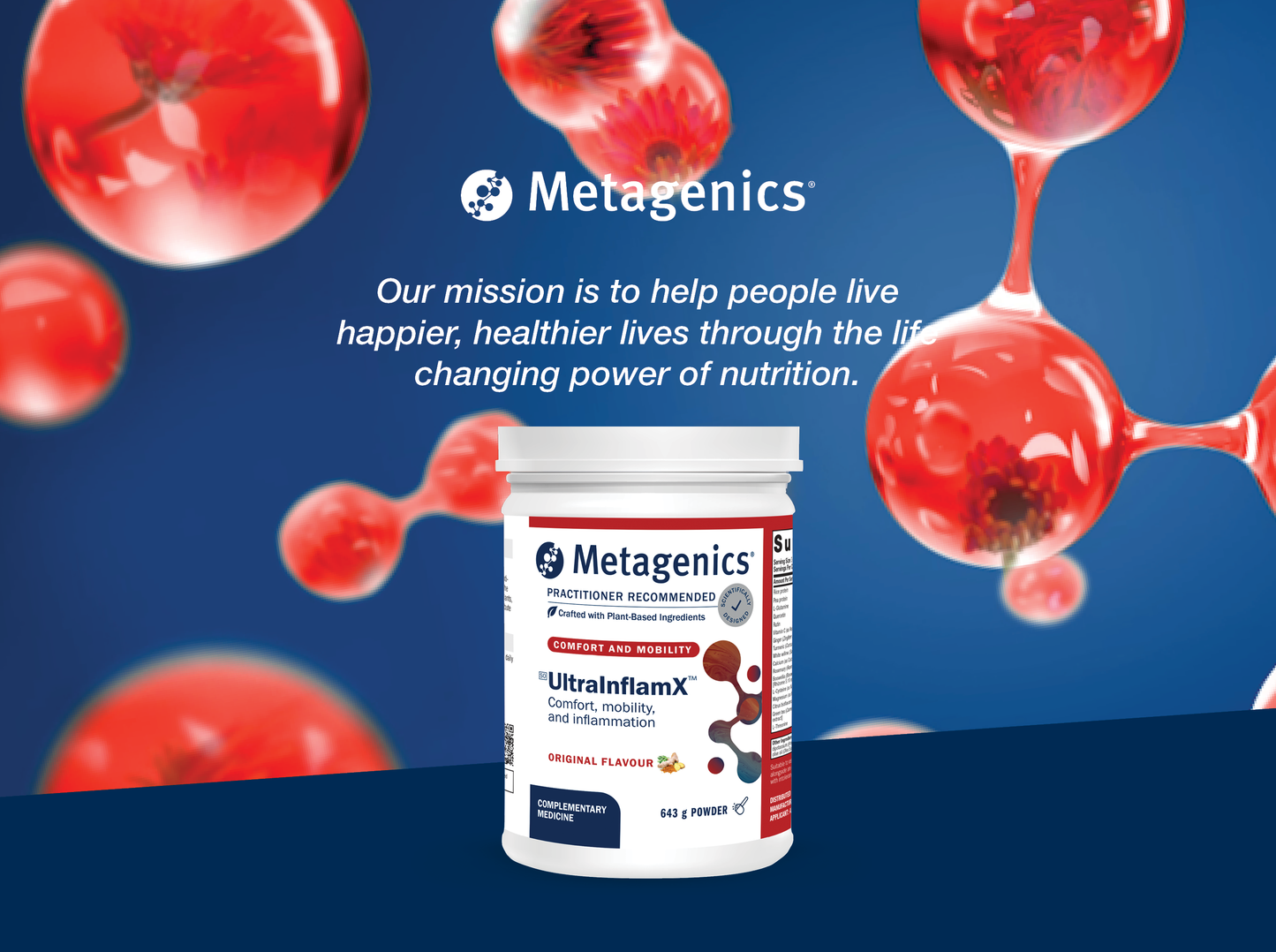 Metagenics UltraInflamX powder displayed with the Metagenics mission to help people live happier and healthier lives through the life-changing power of nutrition