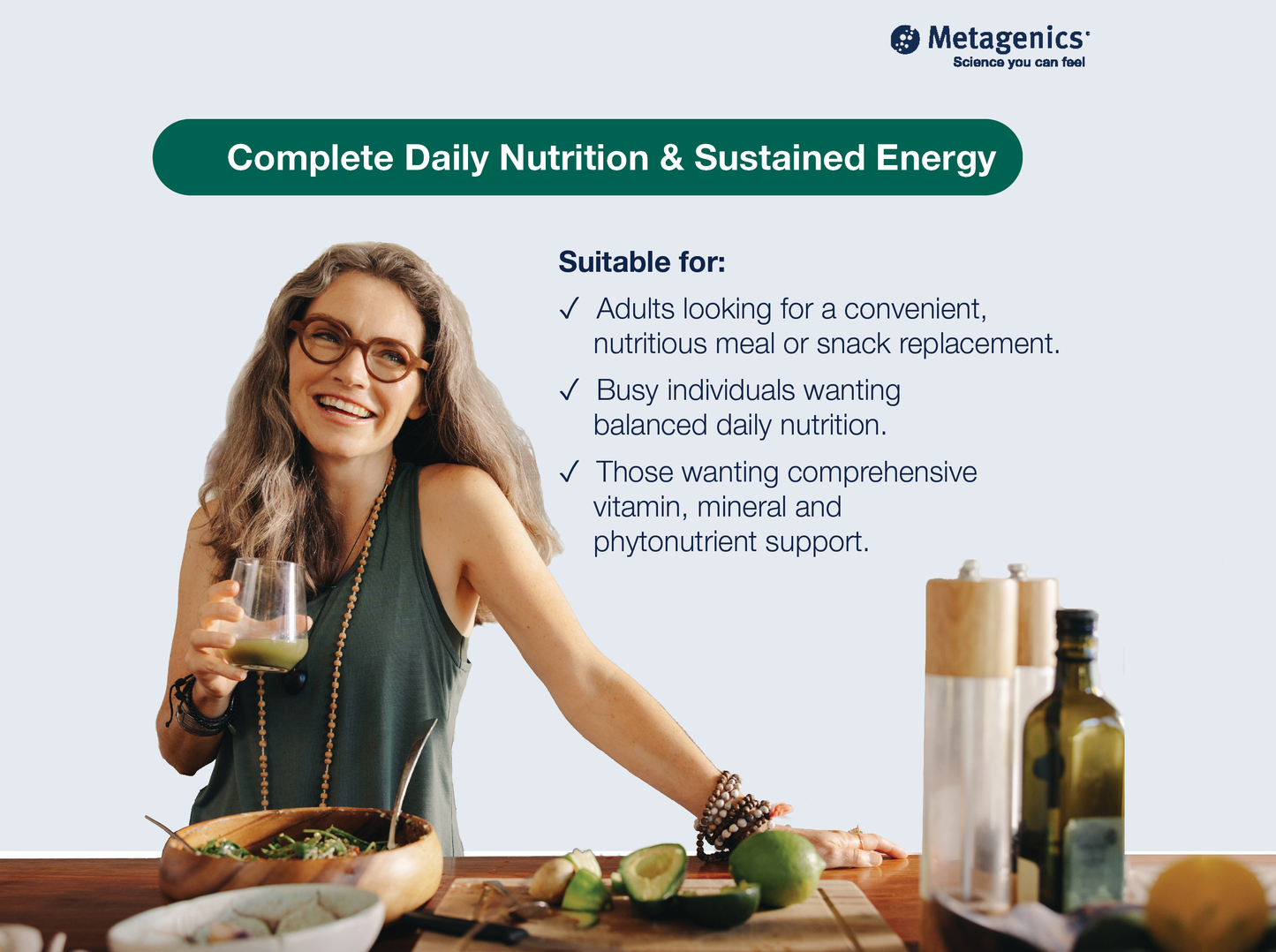 Information about daily wellbeing and nutritional support with UltraMeal Daily Support and healthy lifestyle imagery