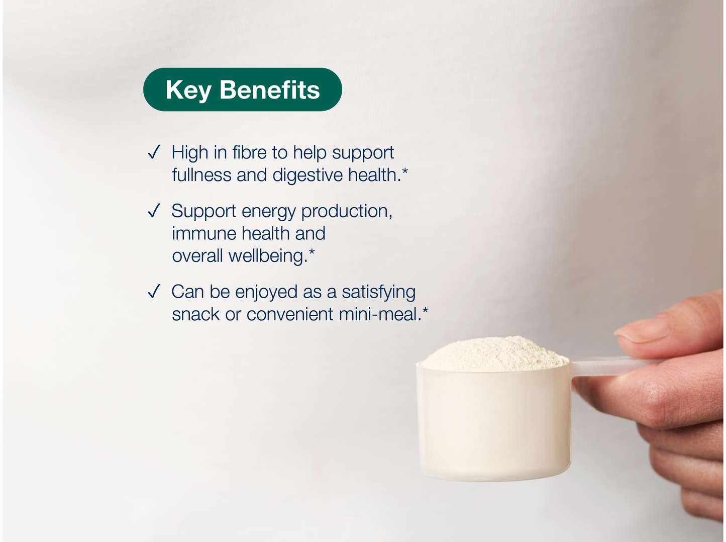 Hand holding a scoop of UltraMeal Daily Support powder beside key product benefits and Metagenics branding