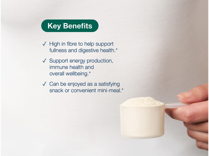 Hand holding a scoop of UltraMeal Daily Support powder beside key product benefits and Metagenics branding