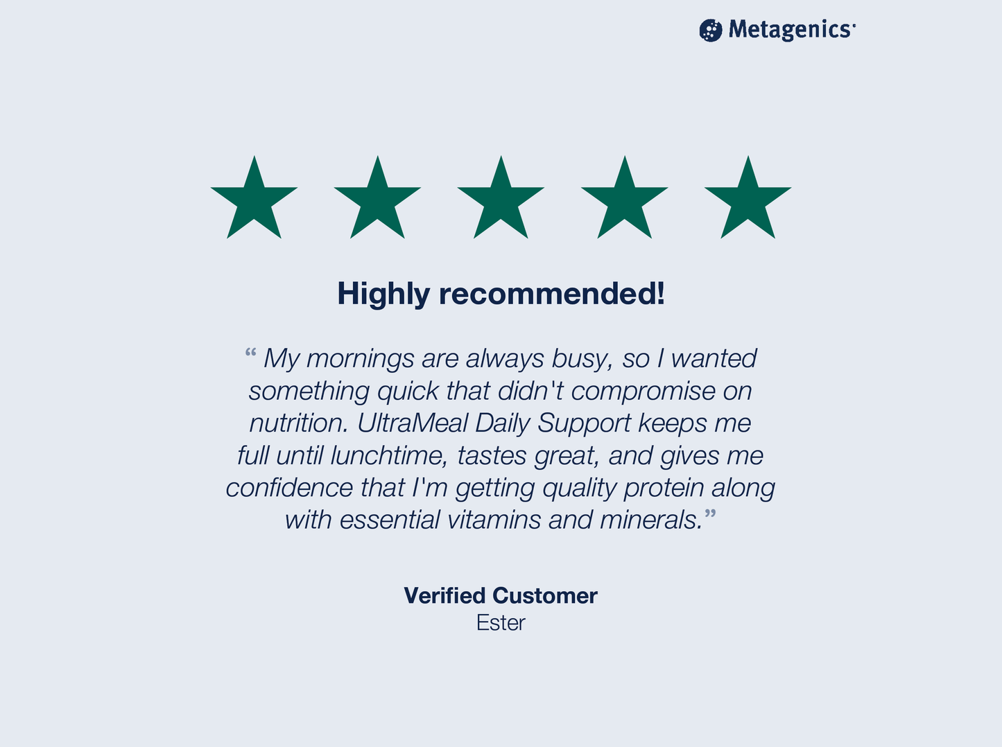 Five-star customer review for UltraMeal Daily Support with testimonial text and Metagenics branding