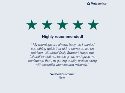 Five-star customer review for UltraMeal Daily Support with testimonial text and Metagenics branding