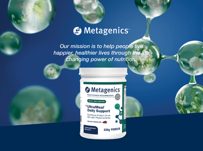 Metagenics UltraMeal Daily Support powder displayed with the Metagenics mission to help people live happier and healthier lives through the life-changing power of nutrition