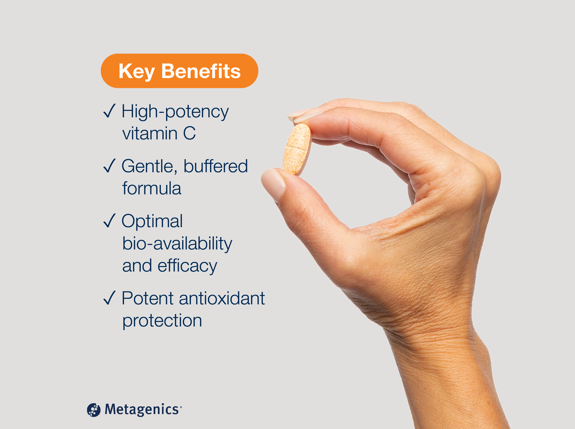 Hand holding an Ultra Potent-C Vitamin C 1000 mg tablet beside key product benefits and Metagenics branding
