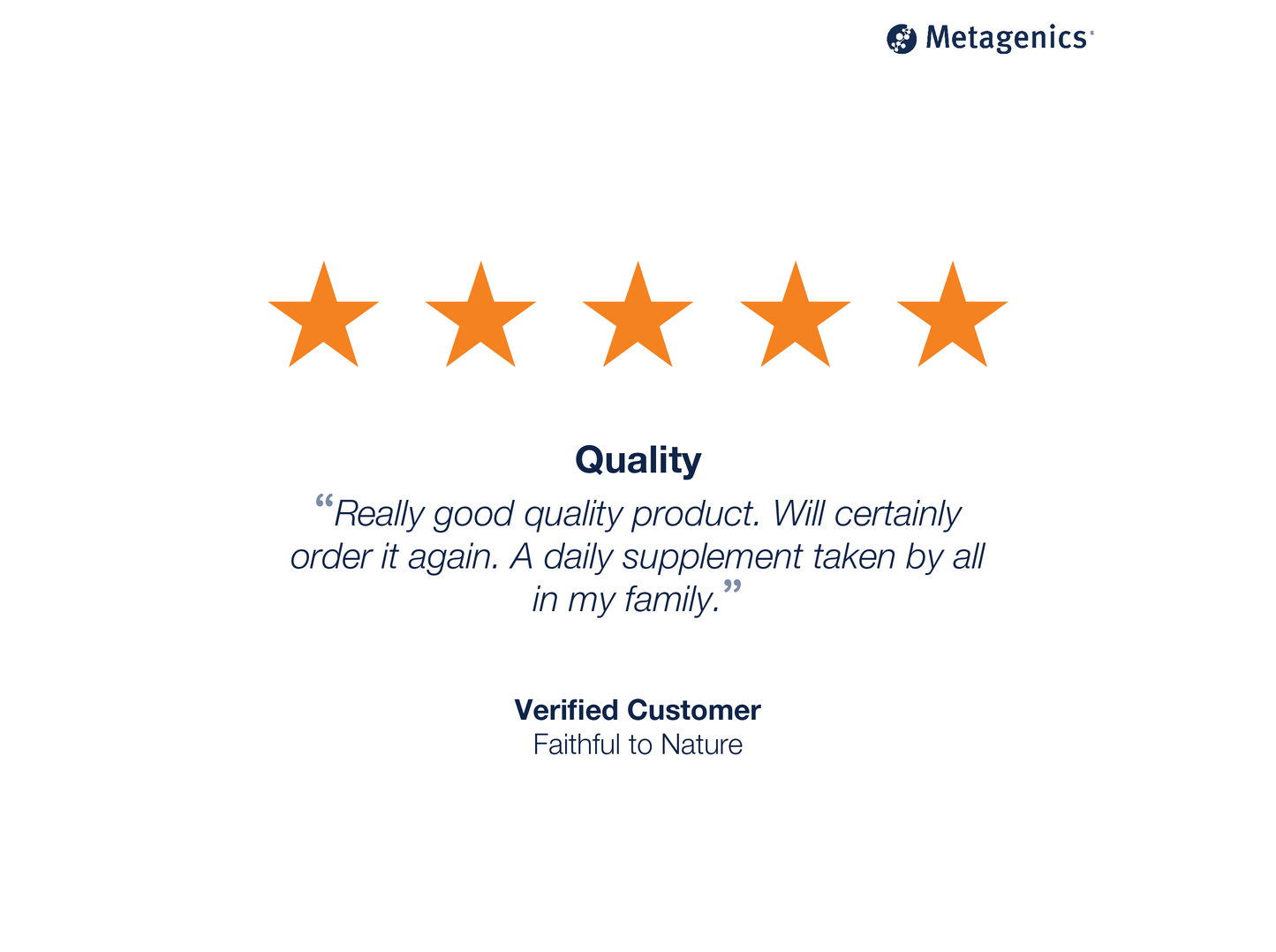 Five-star customer review for Ultra Potent-C Vitamin C 1000 mg with testimonial text and Metagenics branding
