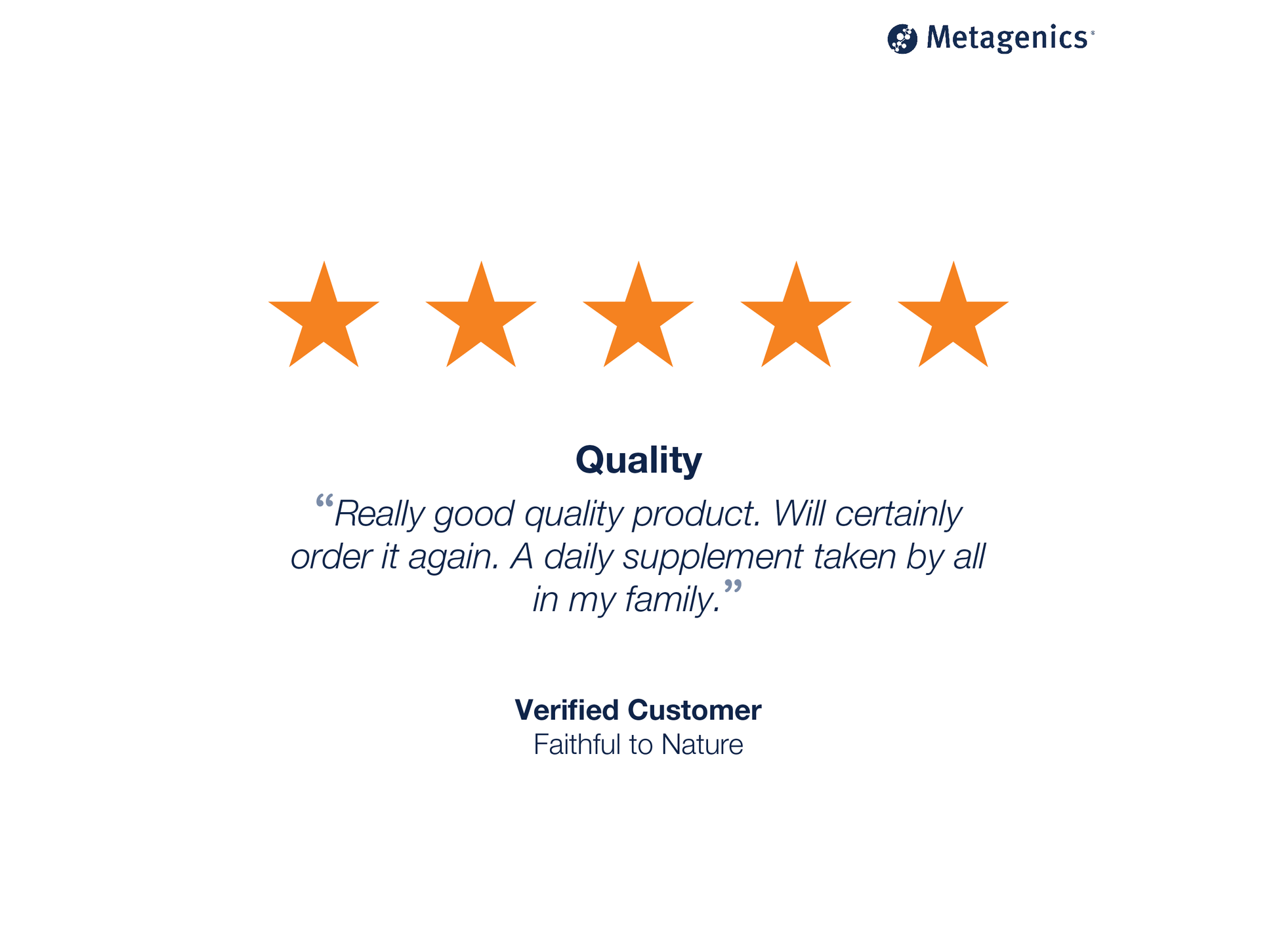 Five-star customer review for Ultra Potent-C Vitamin C 1000 mg with testimonial text and Metagenics branding