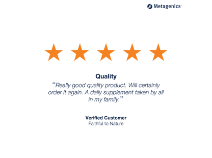 Five-star customer review for Ultra Potent-C Vitamin C 1000 mg with testimonial text and Metagenics branding